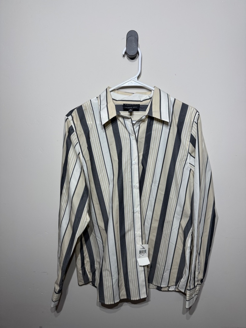Foxcroft Vertical Stripe Button-Down Shirt in Cream and Black